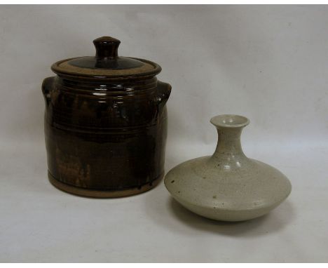 Studio pottery vase in light grey, circular flared shape (no markings to base), 20cm high and a brown glazed studio pottery l