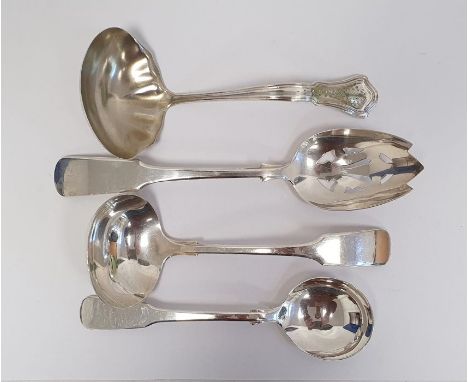 International sterling silver ladle, two matching spoons and a sterling ladle with engraved decoration to handle and initiall