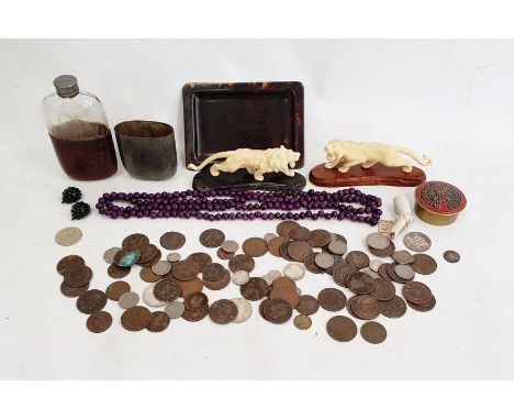 Quantity sundry world coins, part leather-bound spirit flask, simulated tortoiseshell miniature tray and other collectables 