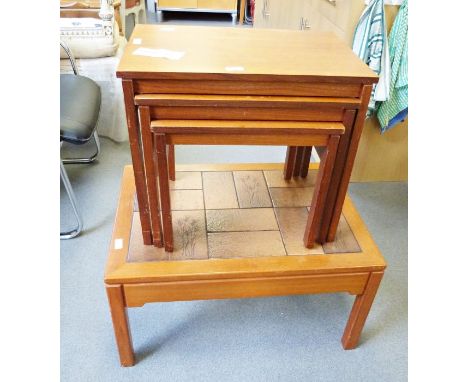 Nest of three mid-century teak modern coffee tables and a further tile-top mid-century modern coffee table (2) 