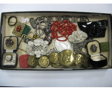 An Art Nouveau Panel Brooch, (lacking clasp), together with a marcasite set dress ring, cross Stanhope, further dress rings, 
