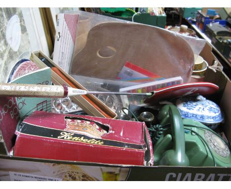 Green Anvil Telephone, KKA 16, oval miniatures, opera glasses, lawn bowls, recorder, artists set, badminton set, etc:- One Bo