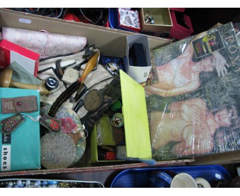 Compacts, brushes, manicure sets, jewellery roll, cylindrical pots, darning mushroom, combs, embroidered gloves keepsake, Sca