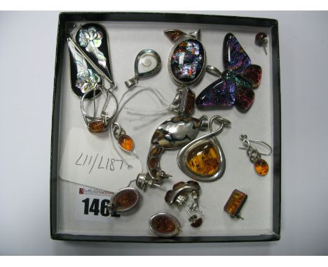 925 and Other Pendants, modern amber set dress ring, shell inset earrings, etc.