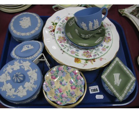 Royal  Derby 'Derby Posies', Minton 'Haddon Hall' plates, Wedgwood powder blue Jasper trinket dishes, Shelley, Coalport and o