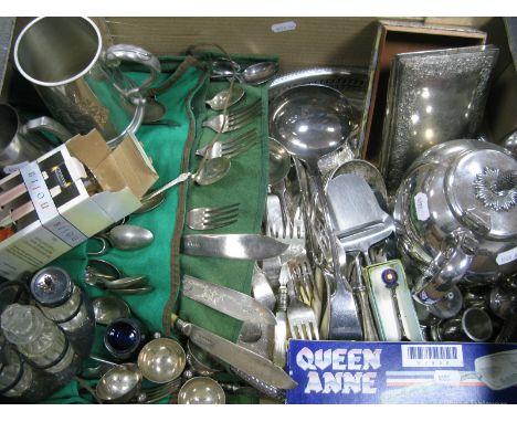 Assorted Plated Ware, including cutlery, teapot, circular tray, pewter mugs, cake slice, salts, salt pots, ladle, dwarf candl