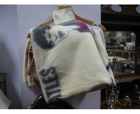 An Original 1960's Stitched Edge Woollen Blanket Featuring Pictures of the Four Beatles, together with their signatures, guit