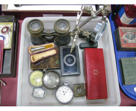 Omega Watch Case, two pocketwatches, Rone wristwatch head, magnifier, snuff box, amber cigarette holder, field glasses.
