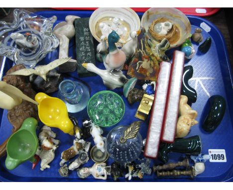 A Modern 'John Perry' Model Pelican, Torquay souvenir, seagull, novelty kiwi egg cups, onyx dishes, glass dish and paperweigh