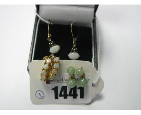 A Pair of Opal and Stone Set Drop Earrings, stamped "9K"; together with a pair of jade ball drop earrings, stamped "9K", with