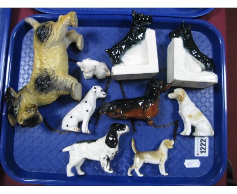 Beswick Sausage Dog and Spaniel, plus four other ceramic dogs, larger terrier, pair of terrier book ends:- One Tray