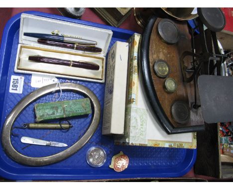 A Hallmarked Silver Oval Photograph Frame, (lacking back/glass), postal scales, Sheaffer and Parker pens, 1965 International 