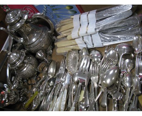 Assorted Plated Ware, including three piece tea set bearing presentation inscription, assorted cutlery including harlequin se