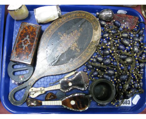A XIX Century Tortoiseshell Effect Snuff Box, a hand mirror, beaded trimming, shell salt and pepper pots, miniature guitar an