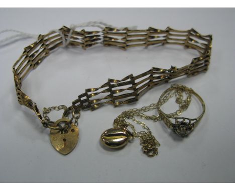 A Modern 9ct Gold Bracelet, to heart shape padlock style clasp; a dress ring and a pendant on chain.