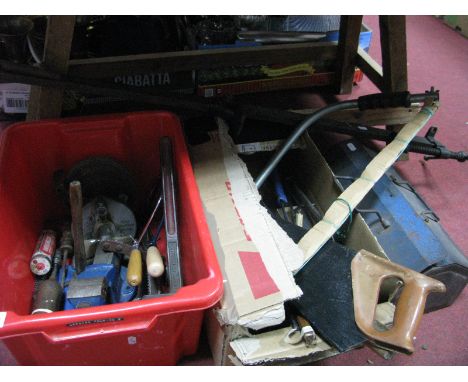 Record Vice, Chatwin 18" wrench, Elmo grinder, jack, saws, and other tools in two boxes and metal carry case, plus sash clamp