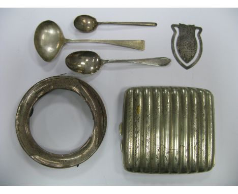 Two Hallmarked Silver Spoons, novelty owl page marker, EPNS cigarette case, a hallmarked silver mounted frame (damages/incomp