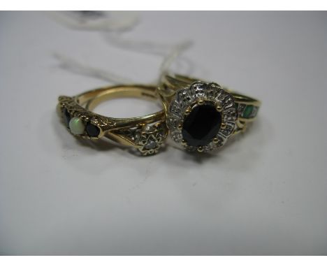 A 9ct Gold Diamond and Emerald Set Ring; together with a 9ct gold cluster ring, with two other 9ct gold stone set rings. (3)