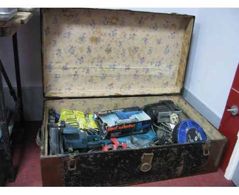 A Quantity of Tools, in wood bound metal trunk - untested sold for parts only