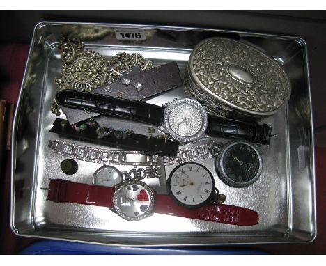 Wristwatches, pocketwatches (damages), trinket box, thimble, earrings, etc.