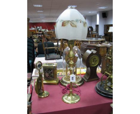 An Edwardian Brass Desk Lamp, with original brass switch and decorative mottled milk glass shade.