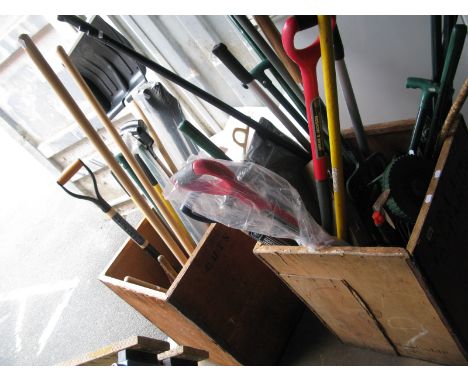 A Large Quantity of Garden Tools, including snow shovels, forks, rakes etc.