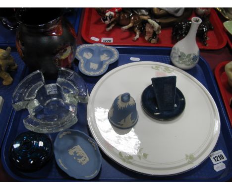 Poole Pottery 'Galaxy' Vase, Wedgwood Jasperware bell and trinkets, Mdina vase, studio glass candle holder, Royal Doulton 'Tw