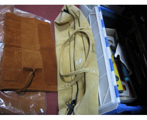 Tools - Saws, Spirit Level, Garden Trowels etc, in a plastic box; a suede tool bag and tool holders.