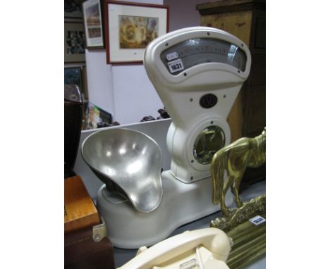 A Set of c.1930's Shop Scales, with blue enamelled badge for 'Asco' and white bakelite frame holding two circular bevelled mi