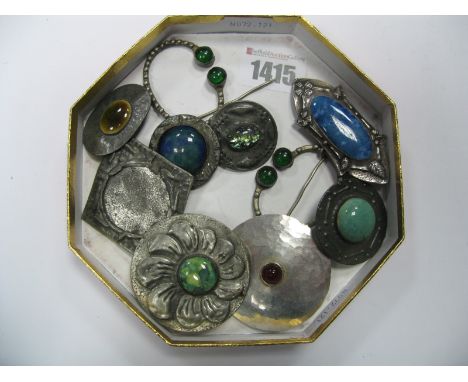 A Collection of Arts &amp; Crafts 'Ruskin' Style Ceramic Panel Brooches; two pennanular style brooches.