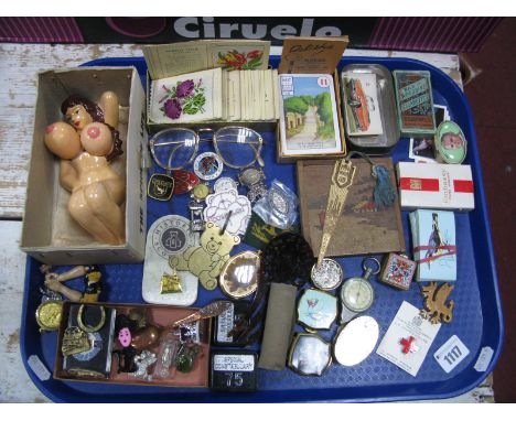 Novelty Naked Lady Cruet, enamel and other badges, Kensita Silk Flowers, Belisha game, pill and other pots, "1934 World's Fai