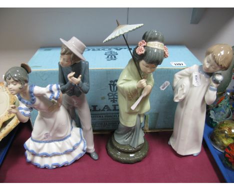 A Lladro Porcelain Model of a Chinese Young Lady, holding a fan and a parasol upon a circular base, printed marks, 30cm high,