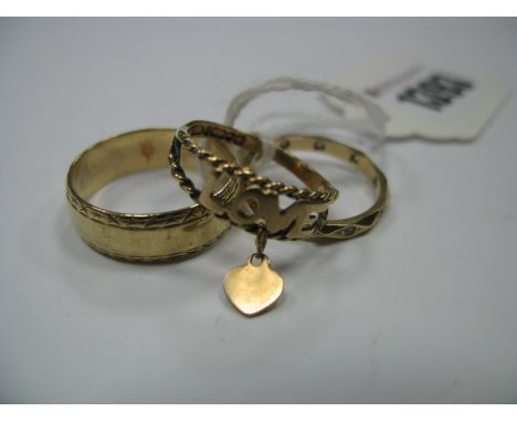 A 9ct Gold Wedding Band, a 9ct gold "Love" ring; together with a stamped "9ct" stone set band. (3)