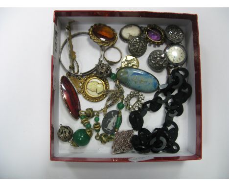 Ruskin Ceramic Panel Brooch, (lacking pin) further brooches, nurse's style watch, expanding bangle, ring, etc.