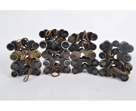 A large collection of 18 x vintage Ross binoculars. Models are: Stereo Prism Power = 6 (broad arrow marked), Stepnada 7 x 30,