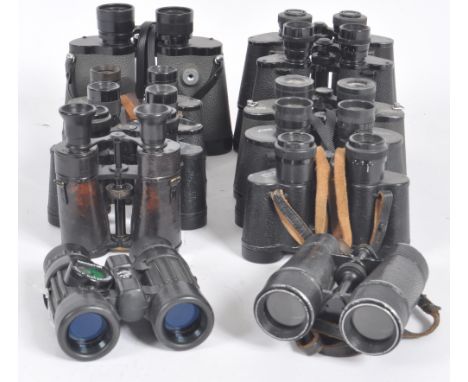 A mixed collection of 12 x vintage binoculars. Models are: Monk 6 x 30 8 field with fitted compass, Busch Terlux DRGM, Pearl 