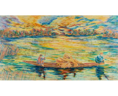 SEO1977 Gwangju/SeoulTitel: "Abenddämmerung". Datierung: 2005. Technik: Acryl und collagiertes buntes Papier auf Leinwand. Ma