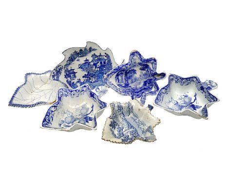 Six late 18th/early 19th century blue and white printed pickle dishes, to include two Wedgwood examples decorated with berrie