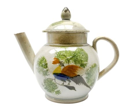 Late 18th/early 19th century miniature teapot, the body painted with an exotic bird amongst foliage, the body and cover heigh