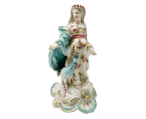 18th Century Derby porcelain figure, modelled as Juno stood with peacock at her feet, upon a gilt detailed scrolling base, wi