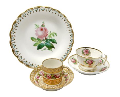 Early 19th century Derby coffee can and saucer, circa 1806-1825, decorated in pattern no 529, painted with a band of pink ros