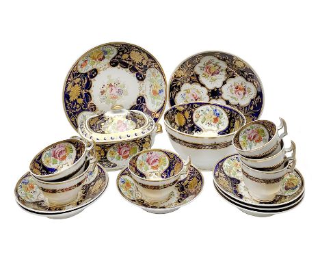 19th century New Hall tea wares, decorated in pattern no 2054, comprising three tea cups and three saucers, three coffee cups