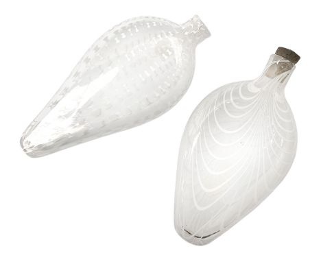 19th century Nailsea glass flask of compressed ovoid form, the clear body with opaque white combed decoration, H21cm, togethe