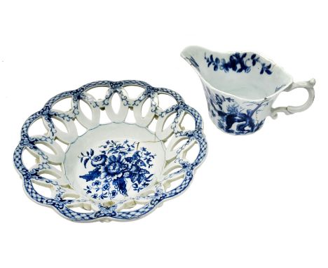 18th century Worcester cream boat, of fluted form, decorated in the Prunus root pattern, circa 1754-1758, with workman's mark