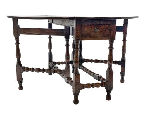 Late 17th century William &amp; Mary oak drop leaf dining table, oval drop leaf top, single drawer to one end, gate action ba