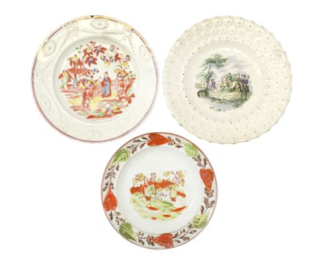 Three 18th/19th century nursery plates, comprising Swansea example decorated with central printed chinoiserie scene of pagoda