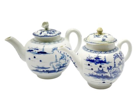 Two small 18th century Worcester teapots, circa 1770, each decorated in the Cannonball pattern, each with blue crescent mark 