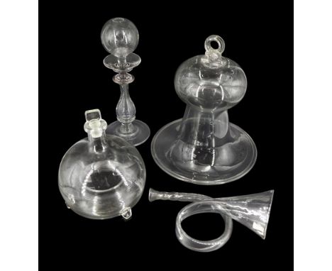 Group of 19th century glass, comprising smoke bell with folded rim, H25cm, fly catcher, H18cm, lace makers lamp with globular