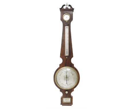Early 19th century rosewood four dial banjo barometer, dry/damp dial, mercury thermometer, silvered circular register engrave