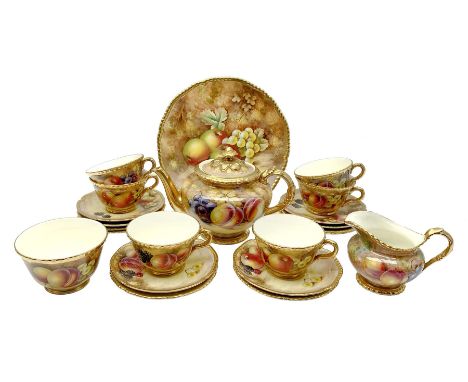 Royal Worcester tea service for six, hand painted with fruits and heightened with gilt, signed J Smith, comprising teapot, te